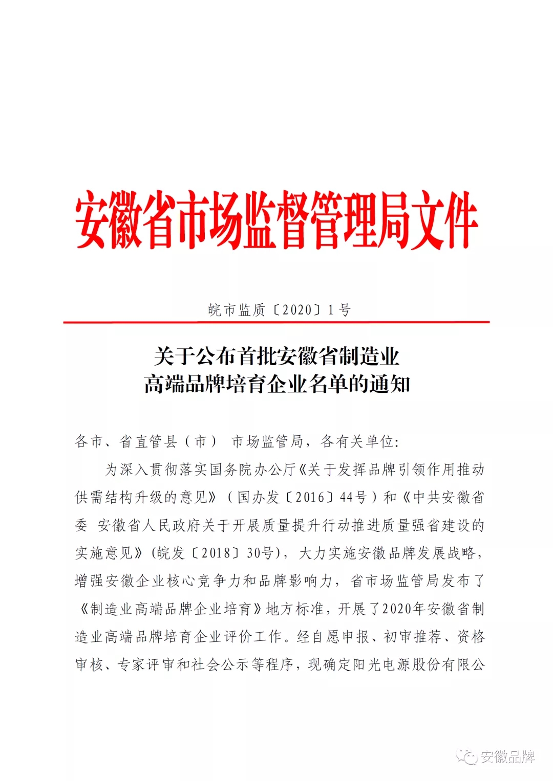 公司入選2020年安徽省制造業(yè)高端品牌培育企業(yè)名單